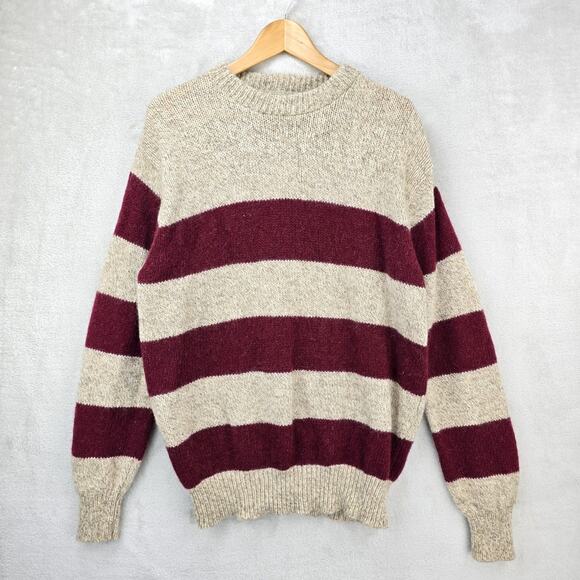 Vintage L.L. Bean Wool Knit Sweater Large Beige Burgundy 80s USA Stripe Cottage